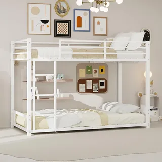 FAVSH Metall-Etagenbett 90x190cm, Stabiles Metall, Geräuscharm, Mit Sicherheitsgeländer, Bett Metallbett Hochbett mit Leiter & Rausfallschutz für Kinder Jugendliche und Erwachsene(Weiß)