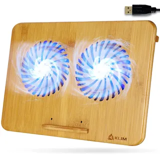 KLIM Bamboo - Laptop Kühlungspad - Anpassbare Geschwindigkeit - Kühlende Unterlage mit Lüftern und Bambus Struktur, für Laptops zwischen 10” und 15,6” - Extra USB Port