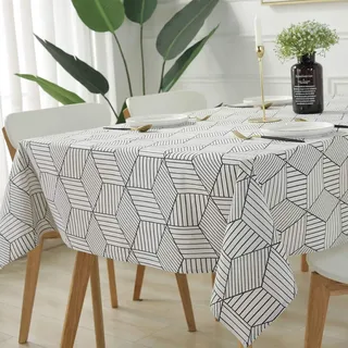 Rechteckige Tischdecke, geometrischer Stil, Baumwollleinen, Tischdecke, staubdicht, Tischdecke für Küche, Esszimmer, Tischdekoration (rechteckig/länglich, 130 x 180 (4–6 Sitze), Weiß