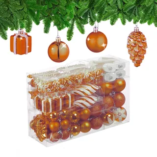 Relaxdays Weihnachtskugeln 72er Set, glitzernde, Matte & glänzende Baumkugeln, Stiefel, Herz, Zapfen, Kunststoff, orange
