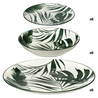 Geschirr-Set PALME aus Porzellan, 18-teilig mit Palmblätter- & Monster-Design - Weiß, Schwarz, dunkelgrün
