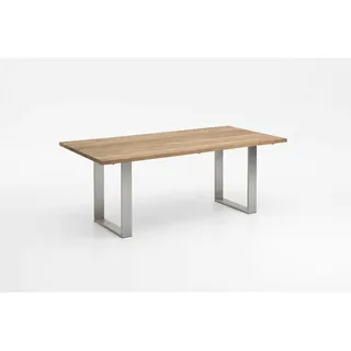 Gartentisch , Edelstahlfarben, Teakfarben , Holz , Teakholz , massiv , rechteckig , Kufe , 95x76x160 cm , Holzmöbel, Holztische, Gartentische Holz