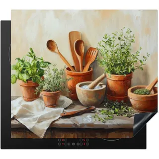 KitchenYeah© Herdabdeckplatte Einteilig Glaskeramikkochfeld Abdeckplatte für | 58x51 cm - Induktionsschutz Glaskeramikkochfeldabdeckung Vinyl Herdabdeckplatten Töpfe - Kräuter - Holz