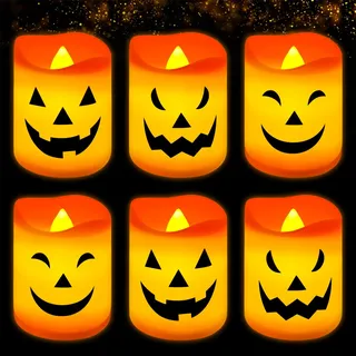 TOPJOWGA LED Flammenlose Kerzen, 6 Stück Kürbis Kerzen mit Verschiedenen Ausdrücken, Batterie Dekoration für Halloween Party