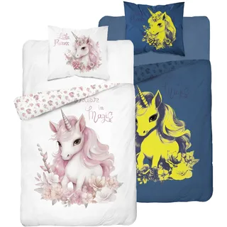 Glow in the dark Bettwäsche 160x200 Einhorn in Blumen Unicorn - Rosa