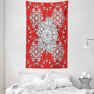 ABAKUHAUS Red Mandala Wandteppich und Tagesdecke, Gekritzel aus Weiches Mikrofaser Stoff Waschbar ohne Verblassen Digitaldruck, 140 x 230 cm, Scarlet Weiß und Schwarz - Weiß