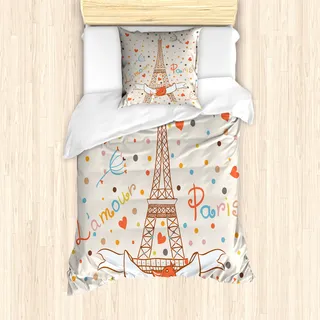 ABAKUHAUS Flitterwochen Mantele, Eiffel-Liebe-Vögel, Milbensicher Allergiker geeignet mit Kissenbezügen, 135 cm x 200 cm - 80 x 80 cm, Mehrfarbig