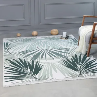 Kurzflor Teppich Läufer - Boho Kelim Teppich, Wohnzimmerteppich, Schlafzimmer und Küchenteppich, Flur Teppich, 60 x 90 cm, Palm-Grün-Weiß - Grün