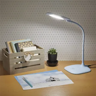 EMOS dimmbare LED Tischlampe STELLA 6,5W, Helligkeit max. 400lm, Lichtfarbe 4000K, flexibler Arm, 1,7m Netzkabel mit EURO-Adapter, CRI>80, Leuchtdauer 30000 h, blau