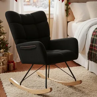 Clevich Schaukelstuhl Wohnzimmer, Schaukelsessel mit Teddystoff Gepolsterter, Holzkufen und Metallbeinen, für Wohnzimmer, Kinderzimmer, Schlafzimmer, Bis 136 kg Belastbar, Schwarz