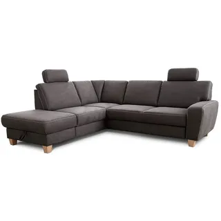 Cavadore Ecksofa Wisconsin mit Vorziehsitz / Eckcouch mit Federkern in Lederoptik / Inkl. 2 Kopfstützen + Bettkasten / Landhausstil / Holzfüße in Buche / 248 x 88 x 218 cm / Dunkelgrau