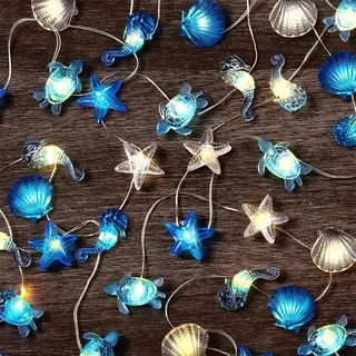 Auzlya Lichterkette Meerestiere,2M 20 LED Muscheln lichterkette,Sommer Maritime Deko,Seestern Schildkröte Seepferdchen Muscheln lichterkettes,für Kinderzimmer Hochzeit,Valentinstag,Party Dekoration