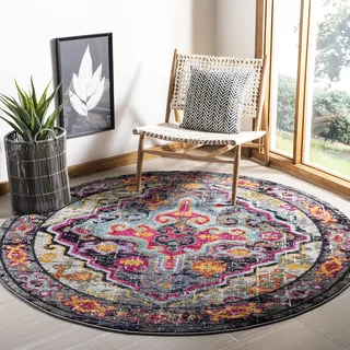 SAFAVIEH Boho Teppich für Wohnzimmer, Esszimmer, Schlafzimmer - Monaco Collection, Kurzer Flor, Grau und Fuchsia, 200 x 200 cm