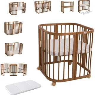 Waldin Babybett Kinderbett 7in1 mit Matratze, mitwachsendes Kinder-Bett,Ohne Stoffset,Holz vintage - Braun