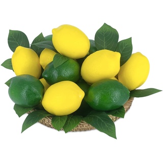 48 Pcs Fake Zitronen deko Künstliche Früchte Lemon mit Blättern, Faux gelbe Zitronen Dekor Realistische Fake Obst Zitronen für Schalen Dekor Tisch Centerpieces Sommer Zitronen Dekorationen Party