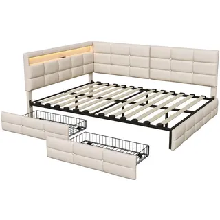 EuroLiving Polsterbett 140x200 cm Tagesbett mit 2 Schubladen, LED & Usb, Doppelbett mit L-förmigem Kopfteil, Beige , Metall , 140x200 cm , Schlafzimmer, Betten, Polsterbetten