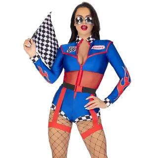 Leg Avenue 2 PC Cherry Bomb Racer, includes long sleeved zip up romper with sheer midriff and badge accents, flame detail and checkerboard trim, and belt with attached garters