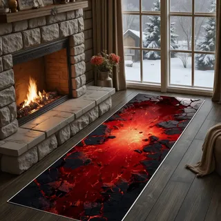 3D Optische Täuschung Teppich Läufer Flur 80x300cm, Felsen Riss Loch Küchenteppich Flamme Magma Lava Teppichläufer Rutschfest Waschbarer, Küchenläufer, Teppiche Kurzflor für Wohnzimmer Schlafzimmer