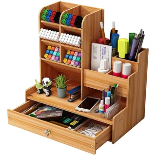 Hggzeg Schreibtisch-Organizer aus Holz, Selbstmontage, Schublade, für Schreibwaren, Schreibtisch-Aufbewahrungsbox, Stifthalter für Zuhause, Büro und Schule, B17, Kirschholz