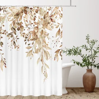 Tititex Hellbraune Eukalyptus-Duschvorhang-Sets, Badevorhang Duschgardine, Aquarell-Hellbraune Blätter auf der Oberseite Pflanze mit floraler Badezimmer-Dekoration, 152,4 x 183,9 cm mit Haken