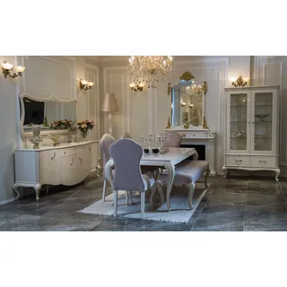 Esszimmer Set 9tlg. Garnitur Tisch 4x Stuhl Kommode Spiegel Vitrine Hocker Möbel - Beige