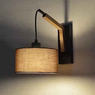 Wandleuchte mit Schalter Holz,Wandlampe Schlafzimmer Bett mit Stoffschirm,E27 Lampenschirm Vintage,Modern Innen Wall Sconce für Flur,Bett,Wohnzimmer,Gästezimmer,Designer Nachttischlampe Wand,1pcs