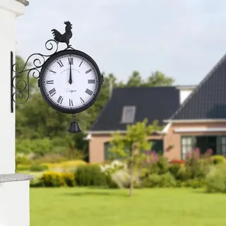 Antike Wanduhr - Doppelseitige Bahnhofsuhr - Für Außenbereich und Garten - Retro Design - Schwarz