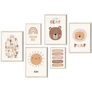 MeinBaby123® 6er Set DIN A4 Wandbilder | Kinderzimmer Poster | Deko Bilder | Affirmationen | ABC Poster | Babyzimmer Deko (V2 Süße Tiere)