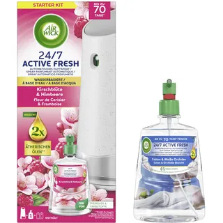 Air Wick Active Fresh Wasserbasiertes Automatisches Duftspray Starter Set inklusive Nachfüller 1x228ml Kirschblüte & Himbeere & 1x 228ml Cotton & Weiße Orchidee