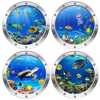 AINIUNIU 3D Wandtattoo Unterwasserwelt, 4 Stück 3D Wandtattoo Unterwasserwelt,Wandsticker Badezimmer Bilder,3D Hai Wandtattoo Kinderzimmer, Meerestiere Sticker für Schlafzimmer (fish)