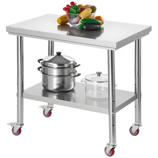 Vevor Edelstahltisch Arbeitstisch Küchentisch (90 x 60 cm) zur Lebensmittelzubereitung mit Rädern, Zubereitungstisch mit verstellbaren Unterregal für Großküchen Restaurants Hotels Garagen Outdoor