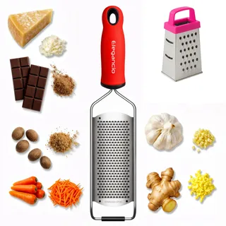 ELEGANCIO Edelstahl Käsereibe + gratis Mini Reibe Parmesanreibe Küchenreibe feine Ingwerreibe Muskatnuß Reibe Multireibe Zitronen Zester Handreibe mit Schutzabdeckung (Rot)