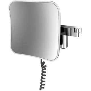 EMCO LED Kosmetik- und Rasierspiegel am Doppelgelenkarm, eckiger Kosmetikspiegel mit Beleuchtung zur Wandmontage, dimmbarer Vergrößerungsspiegel (5-Fach), mit Kabel und Stecker