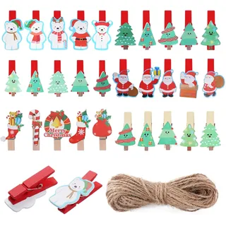 30 Stück Mini Weihnachten Holzklammern mit Hanfseil, Fotos Mini Klammern, Dekoklammern für Fotos Party Weihnachten Dekoration Hochzeit Postkarten, 3.5 cm