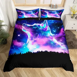 Loussiesd Nordlicht Bettwäsche-Set Bunte Galaxie Wolf Bettwäsche 135x200 cm Kinder Teenager Sternenhimmel Aurora Bettbezug Heulender Wolf Wildtier Bettwäsche-Set Schlafzimmer Dekor Bettbezug 2-TLG