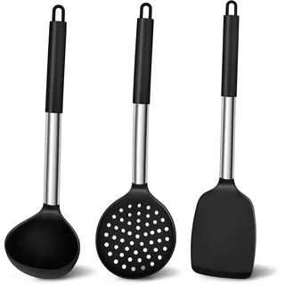 TEAMFAR Küchenhelfer Set, 3 Stück Silikon Pfannenwender Küchenutensilien Set mit Edelstahlgriff, Hitzebeständiger Antihaft Schwarz Kochbesteck zum Kochen/Backen, Leicht zu Reinigen & Spülmaschinenfest