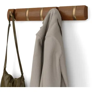 Umbra Flip 5 Garderobenhaken - Moderne, Schlichte und Platzsparende Garderobenleiste mit 5 Beweglichen Haken für Jacken, Mäntel, Schals, Handtaschen und Mehr, Helle Walnuss/Gold