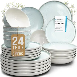Steingut Geschirrset 6 Personen Ibiza 24 tlg. TESTSIEGER, Traumhaftes Mediterranes Steingut Geschirr Set, Schüssel- und Teller Set, Tafelservice 6 Personen, Geschirrsets Pure Living in Blau-Beige