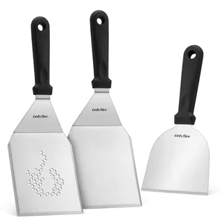 Onlyfire Edelstahl Grillspachtel Set, 3-TLG Plancha Spachtel Set, inkl. 2 Pfannenwender und Schaber, Grillbesteck Set für Plancha, Grillplatte, Gasgrill, Smash Burger Set