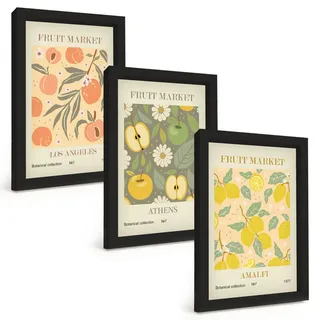 Tulup Bilder SET 3er Set - 20x30 cm Schwarzer Rahmen - Retro-Poster mit Fruchtmustern , Kunststoff , Rechteckig , 20x30 cm , gerahmt , Bilder & Rahmen, Bilder