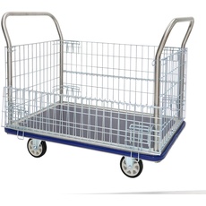 T-EQUIP Gitterwagen GW-313, verzinkt, B x T x H: 124 x 76 x 100 cm, 500 kg Tragfähigkeit, Silber/Blau - Rollwagen mit Gittern, Lagerwagen, Rollbrett, Kiste