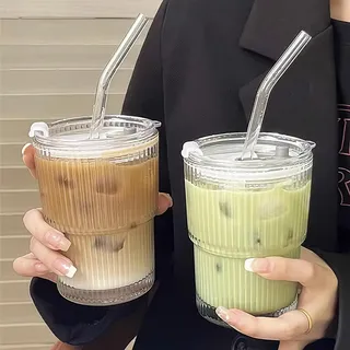 Taoyanmo 400ml Glasbecher mit Deckel und Strohhalm, Glas Smoothie Becher, Luftdicht Wasserdicht Design Kaffeebecher Travel Mug, Trinkglas, Eiskaffee Gläser,Bubble Tea Becher,für Milchshakes,Säfte