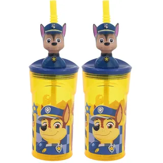 Stor Kinderbecher mit Strohhalm und Deckel Paw Patrol, 3D-Figur, 360 ml, Wiederverwendbarer Kunststoff, BPA-frei, Ideal für Jungen und Mädchen (Packung mit 2)