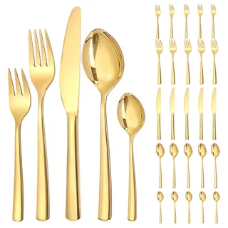 LAZAHOME Goldenes Besteck Set 6 Personen, 30 teilig Besteck Set Gold aus Edelstahl, Glänzendes Goldenes Besteckset mit Messern, Gabeln und Löffeln, hochglanzpoliert und spülmaschinenfest