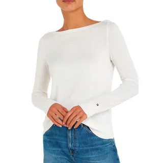 Strickpullover TOMMY HILFIGER "CO JERSEY STITCH V-NECK SWEATER", Damen, Gr. XXXL(46), beige (ecru), Feinstrick, Obermaterial: 67% Baumwolle, 33% Polyamid, unifarben, Basic normal, U-Boot-Ausschnitt, Rippbündchen, Pullover Strickpullover, mit Tommy Hilfiger Logo-Flag, U-Boot-Ausschnitt, Topseller