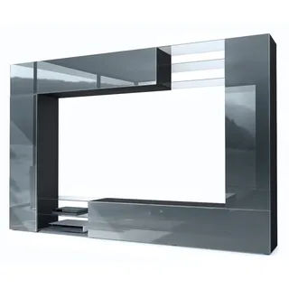 Vladon Wohnwand Mirage, (Anbauwand mit Rückwand mit 2 Türen, 2 Klappen und 6 offenen Glasablagen), Schwarz matt/Grau Hochglanz (262 x 183 x 39 cm) grau