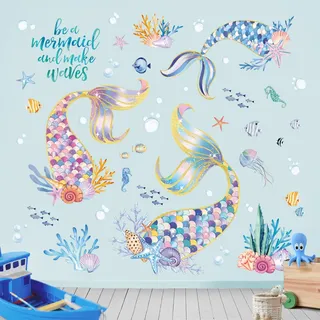 Fufuquare bunte Meerjungfern Schwänze Fisch Wandaufkleber Untersee Selbstklebende Wandtattoo für Mädchen Schlafzimmer Badezimmer