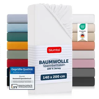 Blumtal® Basics Spannbettlaken 140x200x30cm Jersey - Spannbettlaken aus Baumwolle - Oeko-TEX zertifiziertes Spannbetttuch 140x200cm - Weiss