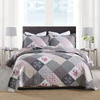Qucover Tagesdecke Bettüberwurf für Doppelbett Gesteppte Decke Set mit Kissen Patchwork Tagesdecke mit Blumen Muster (Grau, 230x250cm)