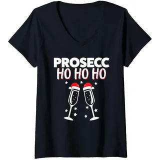 Damen PROSECC HO HO HO X Xmas Weihnachten Prosecco Sekt Wein Vino T-Shirt mit V-Ausschnitt, Schwarz, XL